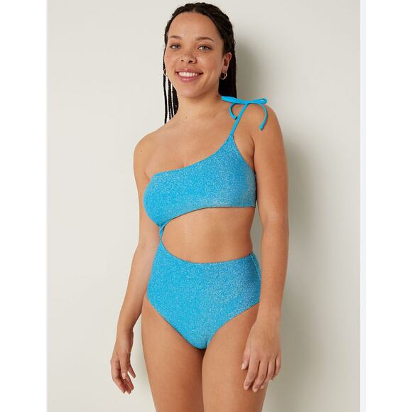 PINK Victorias Secret Shimmer One Piece Cut Out Swimsuit Womens Small Blue New - Picture 1 of 10